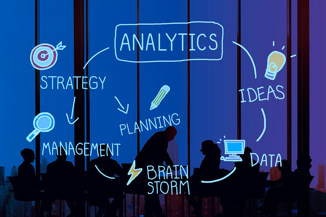 Silhouetted team in a meeting room with digital graphics illustrating strategy, planning, analytics, ideas, and data management in digital marketing.